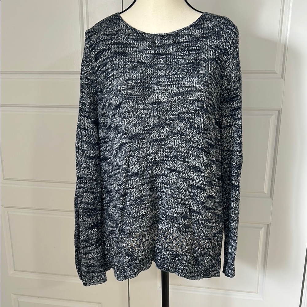 Westport Navy Crew Neck Sweater with Knit Peek-a-Boo Detail on Sleeves and Hem